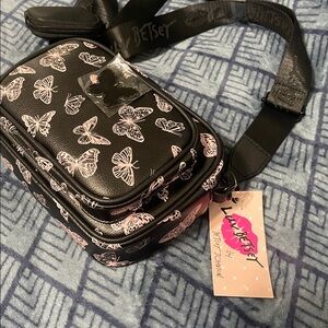 NWT Betsy Johnson Black & Pink Butterfly Print Crossbody Bag